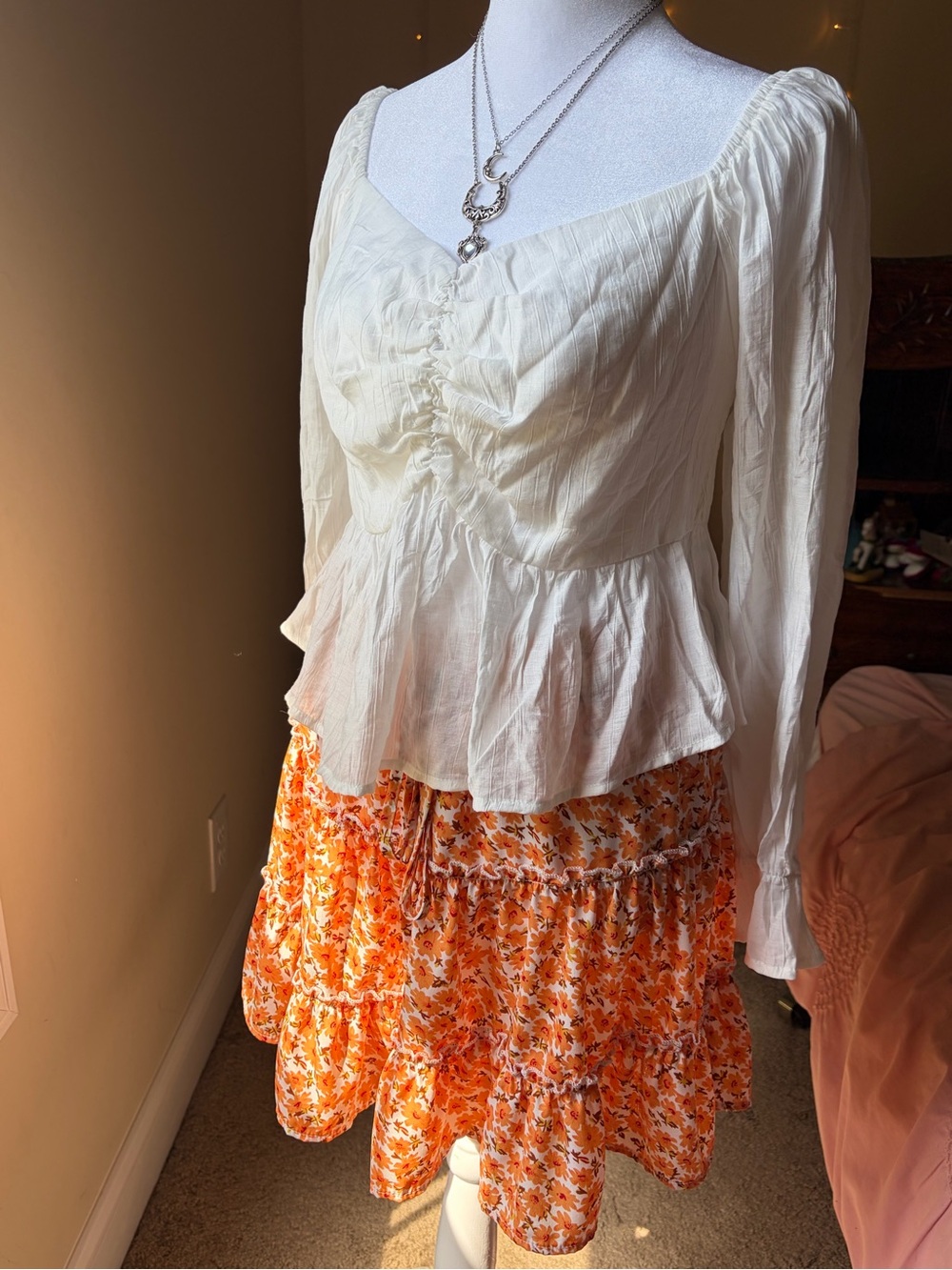 Boho Tiered Orange Floral Midi Skirt - Lightweight Summer Style